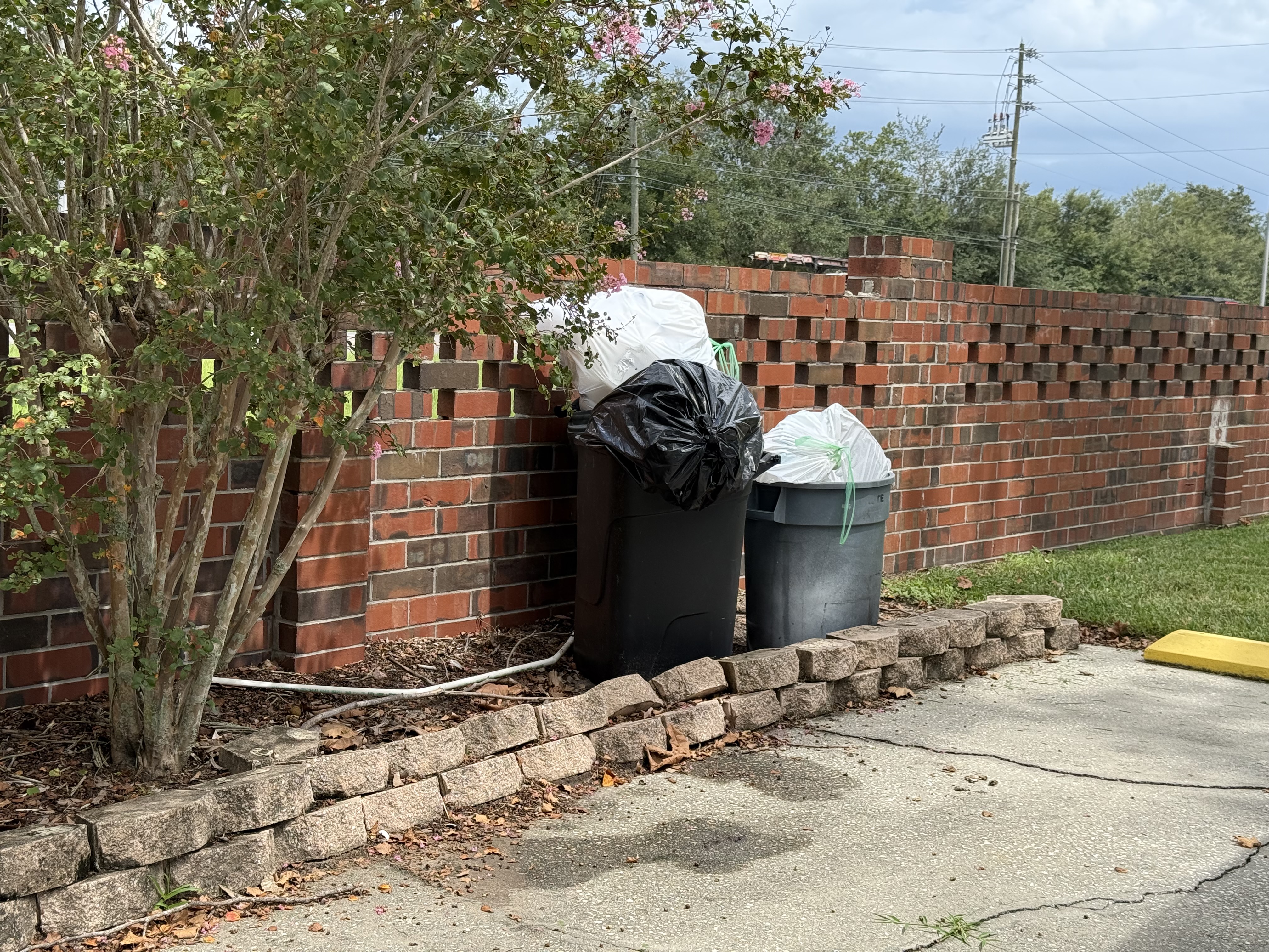 Community trash collection efforts - trash bins with bags near brick wall